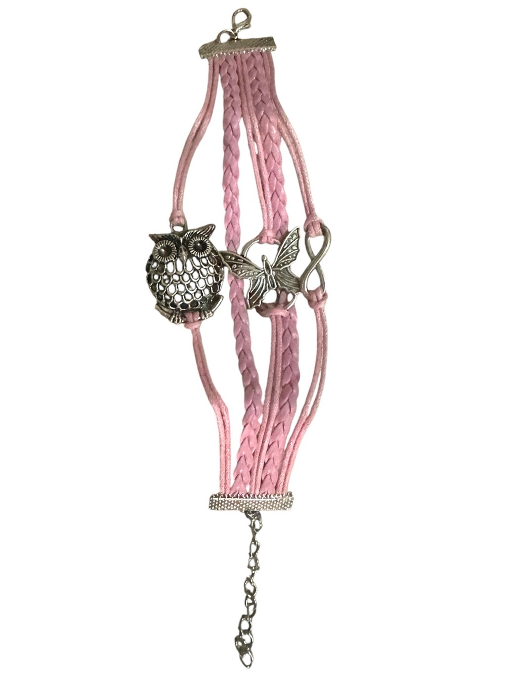 Silver Tone Pink Braided Bracelet with Owl Butterfly Infinity Charms